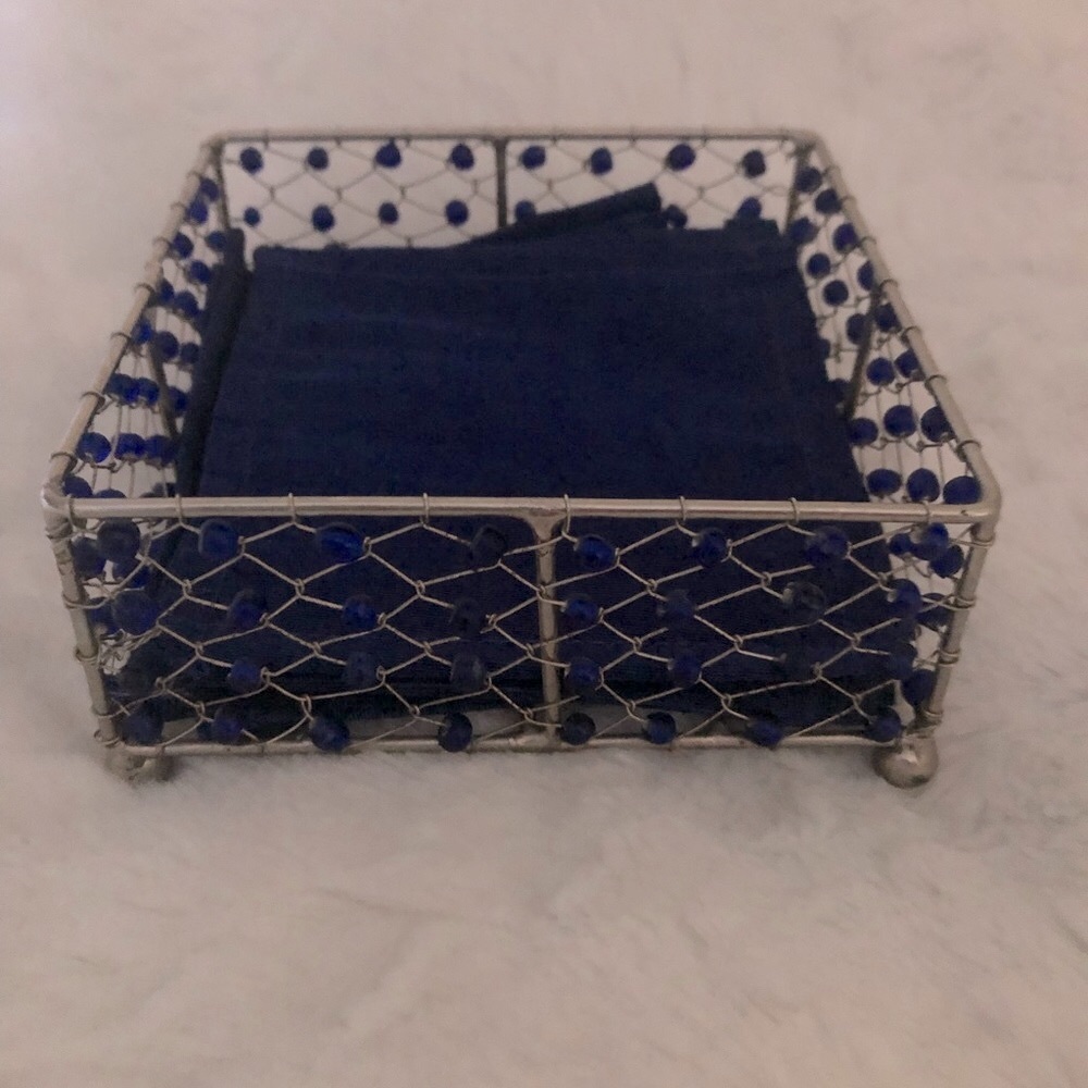 Blue Satin Fabric Placemats in Metal Beaded Basket Set of 8